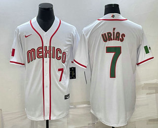 Men's Mexico Baseball #7 Julio Urias Number 2023 White Blue World Baseball Classic Stitched Jersey1